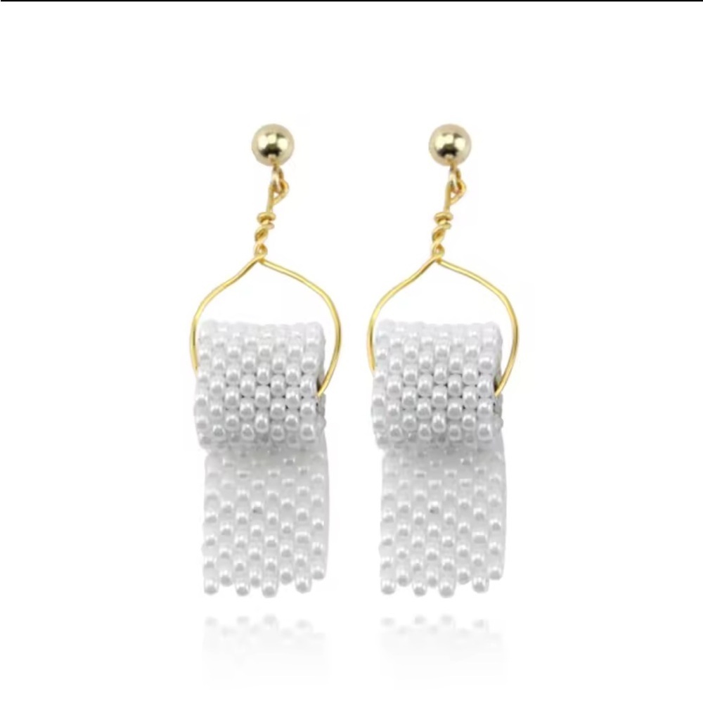Party Toilet Paper Shape Gold and White Earrings